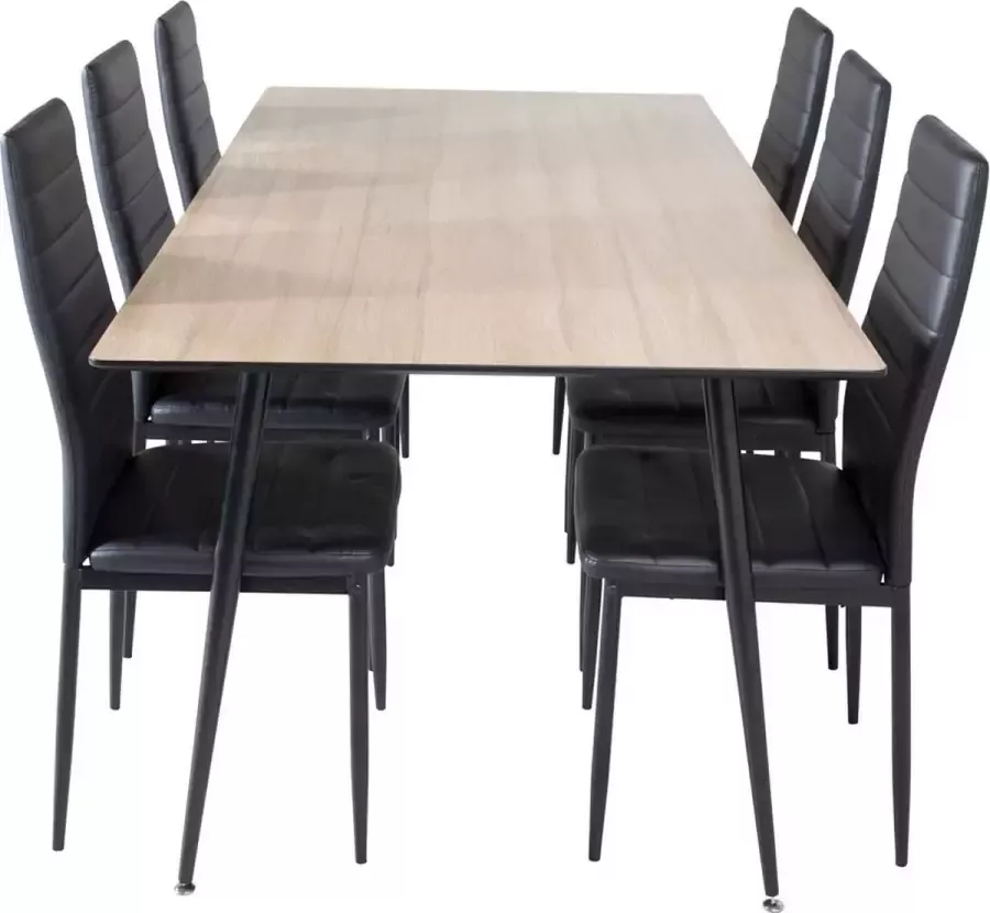 Hioshop SilarWO180 eethoek eetkamertafel el hout decor en 6 Slim High Back eetkamerstal PU kunstleer zwart.