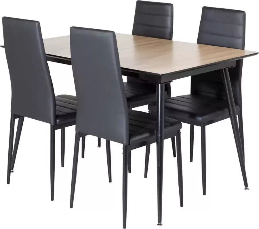 Hioshop SilarWOExt eethoek eetkamertafel uitschuifbare tafel lengte cm 120 160 el hout decor en 4 Slim High Back eetkamerstal PU kunstleer zwart