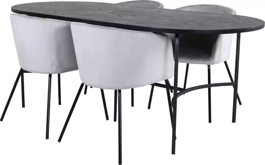 Hioshop Skate eethoek eetkamertafel zwart en 4 Berit eetkamerstal velours grijs.