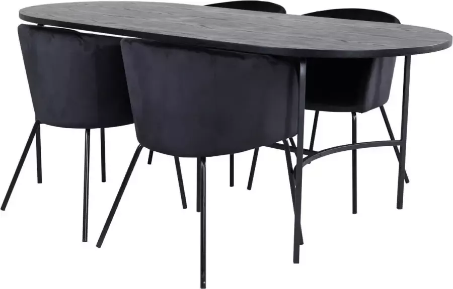 Hioshop Skate eethoek eetkamertafel zwart en 4 Berit eetkamerstal velours zwart.