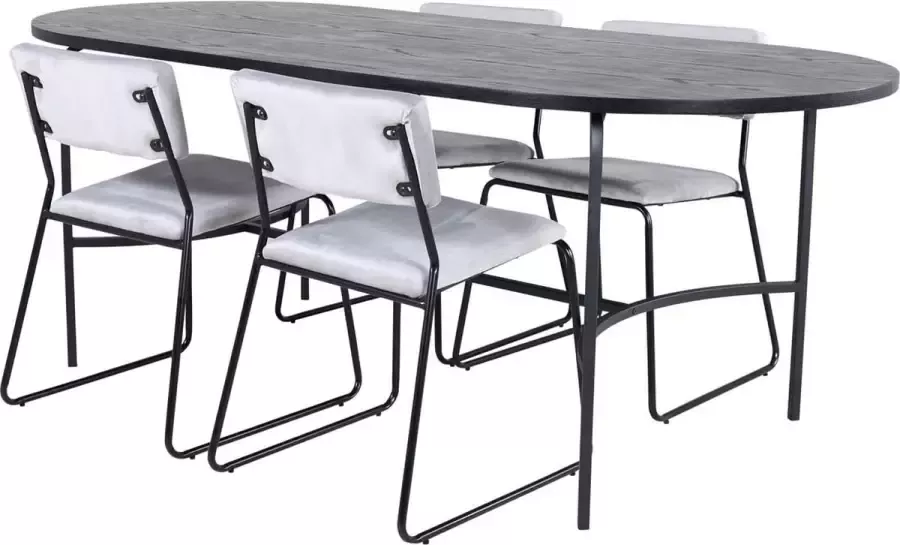 Hioshop Skate eethoek eetkamertafel zwart en 4 Kenth eetkamerstal velours grijs.