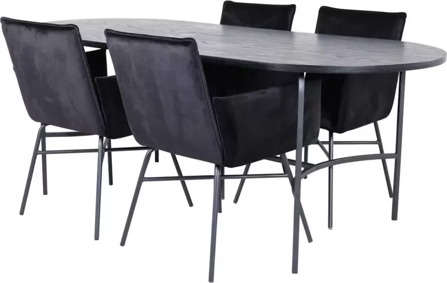 Hioshop Skate eethoek eetkamertafel zwart en 4 Pippi eetkamerstal velours zwart.