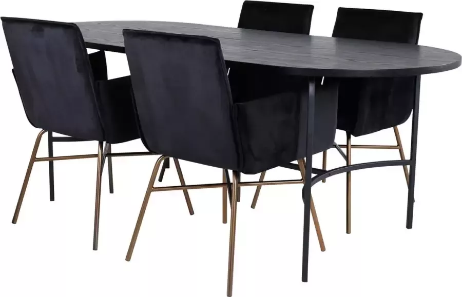 Hioshop Skate eethoek eetkamertafel zwart en 4 Pippi eetkamerstal velours zwart.