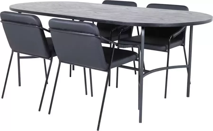 Hioshop Skate eethoek eetkamertafel zwart en 4 Tvist eetkamerstal PU kunstleer zwart.