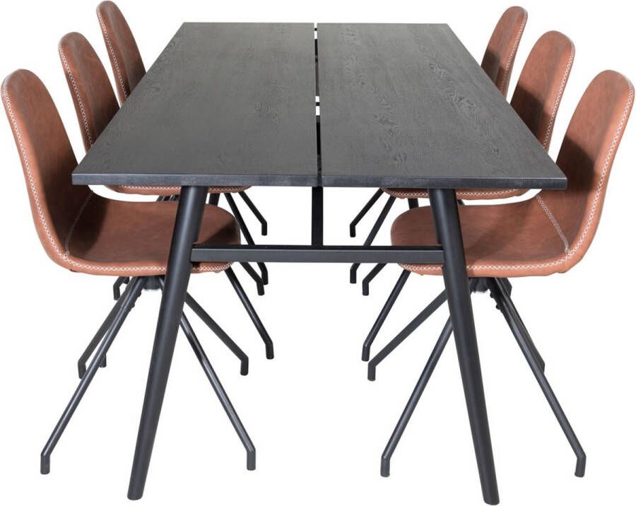 Hioshop Sleek eethoek eetkamertafel uitschuifbare tafel lengte cm 195 280 zwart en 6 Polar eetkamerstal PU kunstleer bruin. - Foto 2