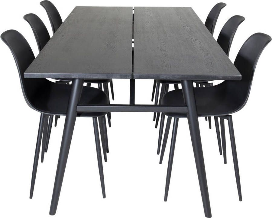 Hioshop Sleek eethoek eetkamertafel uitschuifbare tafel lengte cm 195 280 zwart en 6 Polar eetkamerstal zwart.