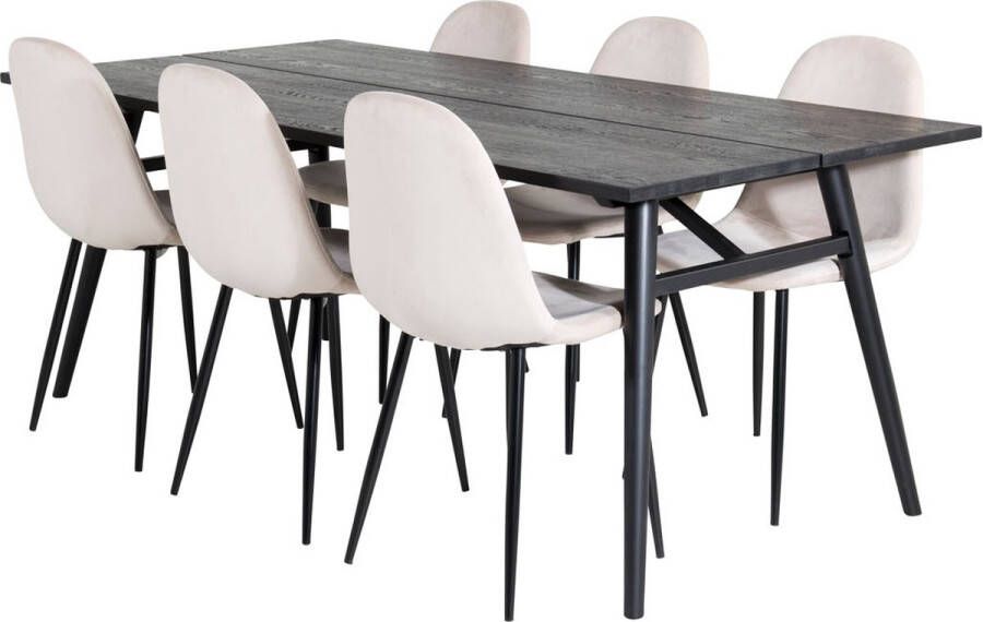 Hioshop Sleek eethoek eetkamertafel uitschuifbare tafel lengte cm 195 280 zwart en 6 Polar eetkamerstal velours beige. - Foto 2