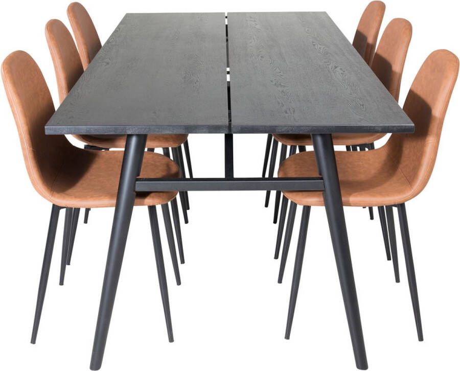 Hioshop Sleek eethoek eetkamertafel uitschuifbare tafel lengte cm 195 280 zwart en 6 Polar eetkamerstal velours beige. - Foto 3