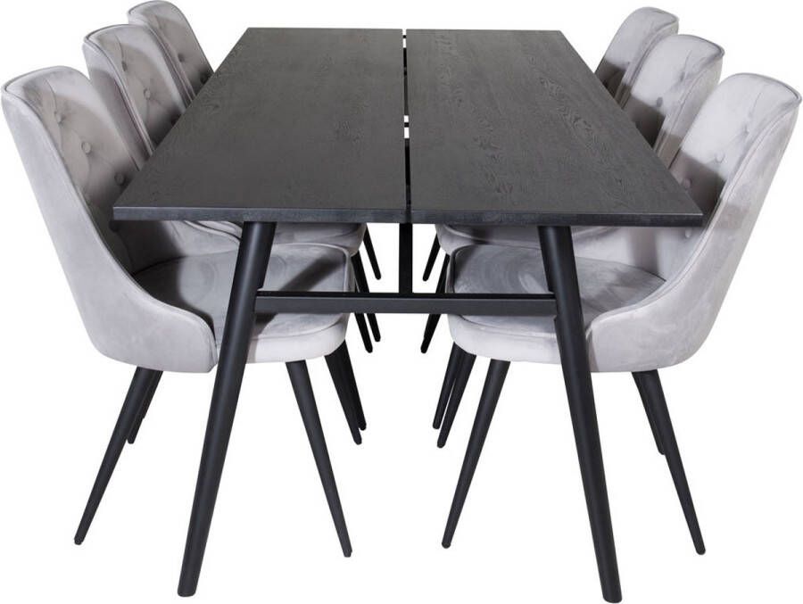 Hioshop Sleek eethoek eetkamertafel uitschuifbare tafel lengte cm 195 280 zwart en 6 Velvet Deluxe eetkamerstal velours lichtgrijs