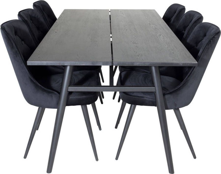 Hioshop Sleek eethoek eetkamertafel uitschuifbare tafel lengte cm 195 280 zwart en 6 Velvet Deluxe eetkamerstal velours zwart.