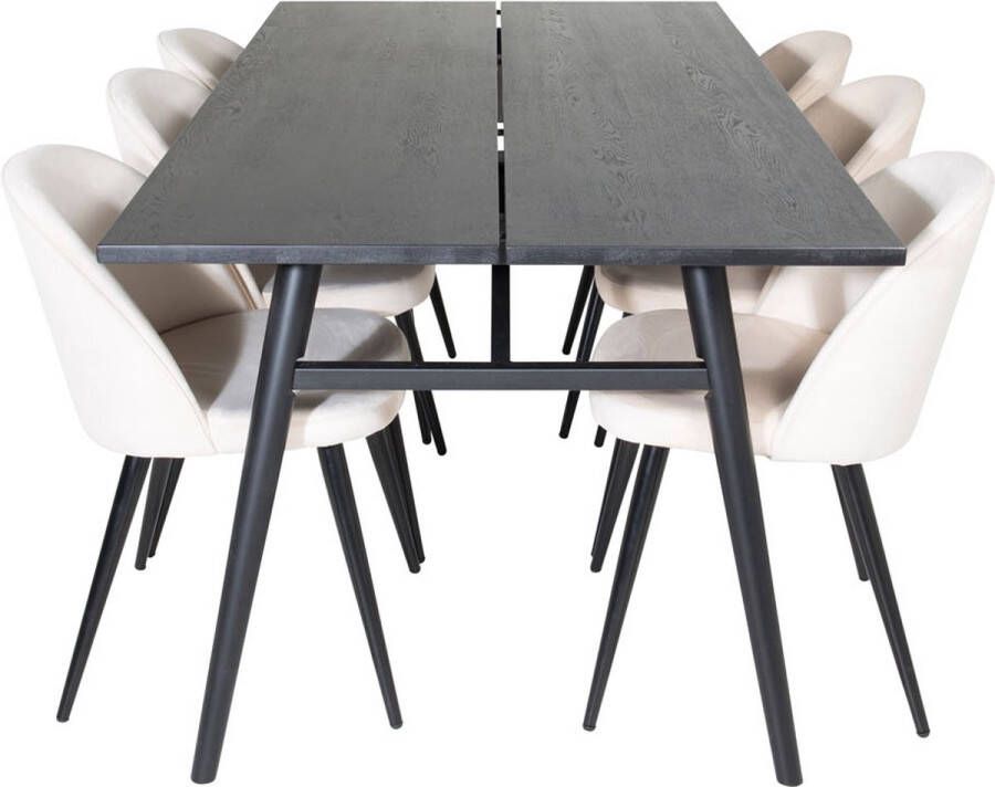 Hioshop Sleek eethoek eetkamertafel uitschuifbare tafel lengte cm 195 280 zwart en 6 Velvet eetkamerstal velours beige zwart.