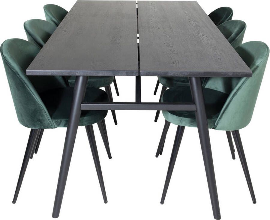 Hioshop Sleek eethoek eetkamertafel uitschuifbare tafel lengte cm 195 280 zwart en 6 Velvet eetkamerstal velours groente zwart