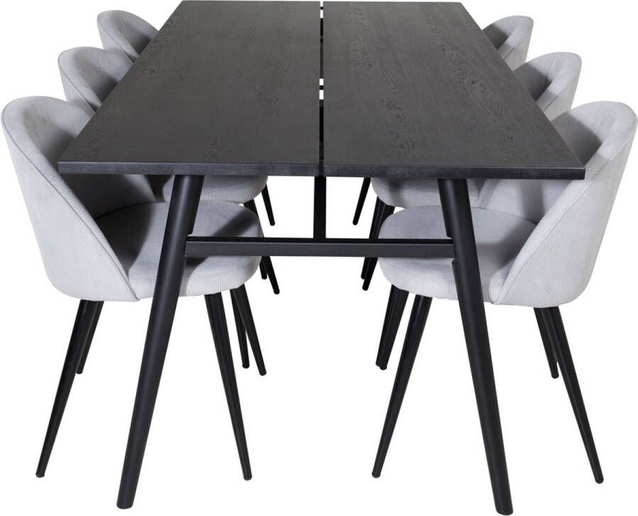 Hioshop Sleek eethoek eetkamertafel uitschuifbare tafel lengte cm 195 280 zwart en 6 Velvet eetkamerstal fluweel lichtgrijs zwart
