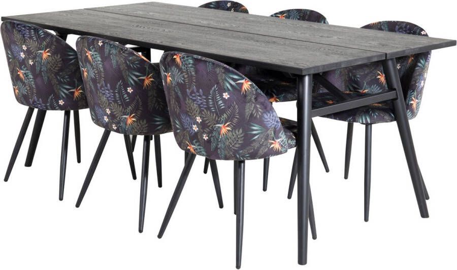 Hioshop Sleek eethoek eetkamertafel uitschuifbare tafel lengte cm 195 280 zwart en 6 Velvet eetkamerstal fluweel lichtgrijs zwart - Foto 2