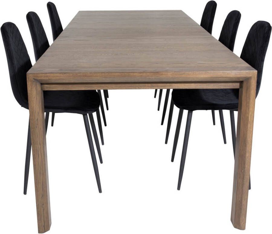Hioshop SliderOS eethoek eetkamertafel uitschuifbare tafel lengte cm 170 250 rokerig eik en 6 Polar Diamond eetkamerstal velours zwart
