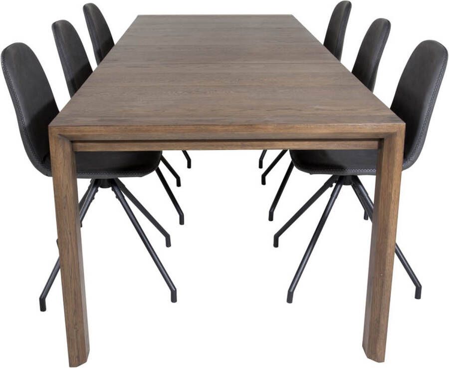 Hioshop SliderOS eethoek eetkamertafel uitschuifbare tafel lengte cm 170 250 rokerig eik en 6 Polar eetkamerstal PU kunstleer zwart