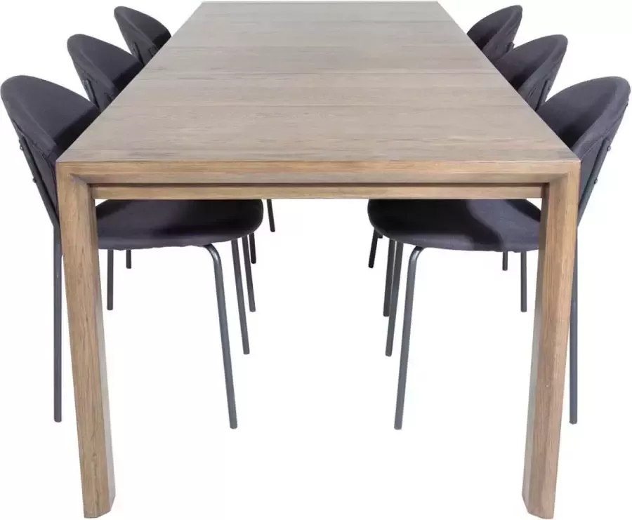 Hioshop SliderOS eethoek eetkamertafel uitschuifbare tafel lengte cm 170 250 rokerig eik en 6 Vault eetkamerstal zwart.