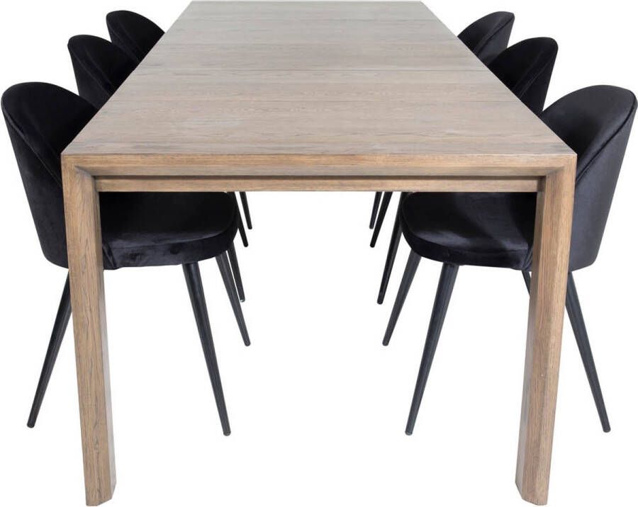 Hioshop SliderOS eethoek eetkamertafel uitschuifbare tafel lengte cm 170 250 rokerig eik en 6 Velvet eetkamerstal fluweel beige zwart