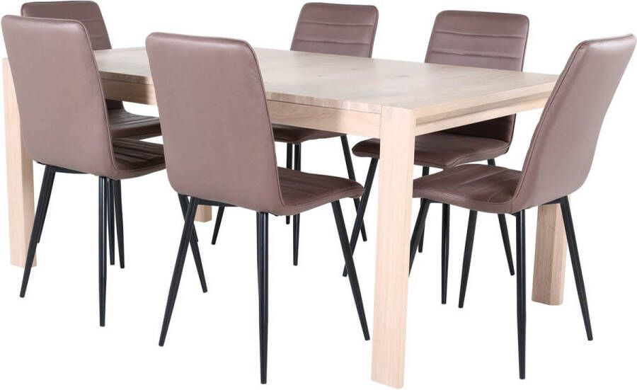 Hioshop SliderWW eethoek eetkamertafel uitschuifbare tafel lengte cm 170 250 eik wit washeded en 6 Windu Lyx eetkamerstal bruin - Foto 1