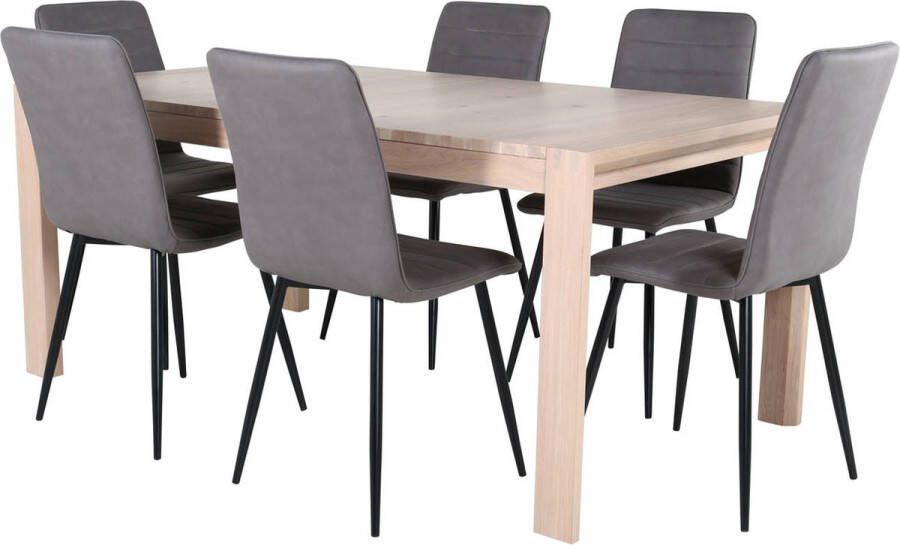 Hioshop SliderWW eethoek eetkamertafel uitschuifbare tafel lengte cm 170 250 eik wit washeded en 6 Windu Lyx eetkamerstal grijs - Foto 1