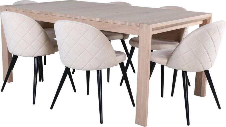 Hioshop SliderWW eethoek eetkamertafel uitschuifbare tafel lengte cm 170 250 eik wit washeded en 6 Velvet Stitches eetkamerstal velours beige - Foto 2