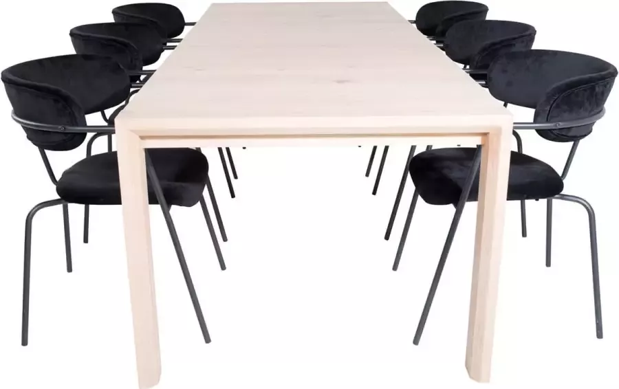 Hioshop SliderWW eethoek eetkamertafel uitschuifbare tafel lengte cm 170 250 eik wit washeded en 6 Arrow eetkamerstal velours zwart - Foto 1