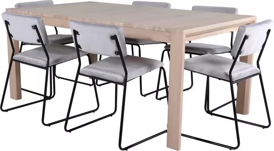 Hioshop SliderWW eethoek eetkamertafel uitschuifbare tafel lengte cm 170 250 eik wit washeded en 6 Kenth eetkamerstal velours grijs - Foto 1
