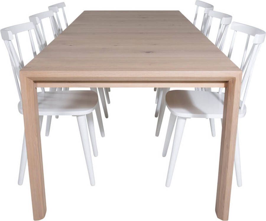 Hioshop SliderWW eethoek eetkamertafel uitschuifbare tafel lengte cm 170 250 eik wit washeded en 6 Mariannelund eetkamerstal grijs