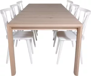 Hioshop SliderWW eethoek eetkamertafel uitschuifbare tafel lengte cm 170 250 eik wit washeded en 6 Mariannelund eetkamerstal wit