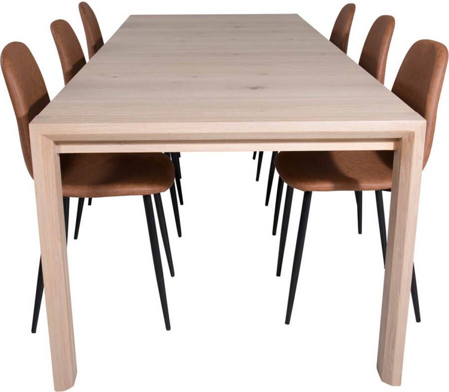 Hioshop SliderWW eethoek eetkamertafel uitschuifbare tafel lengte cm 170 250 eik wit washeded en 6 Polar eetkamerstal velours beige - Foto 1