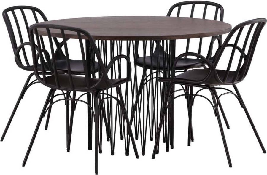 Hioshop Stone eethoek tafel mokka en 4 Dyrön stoelen zwart.