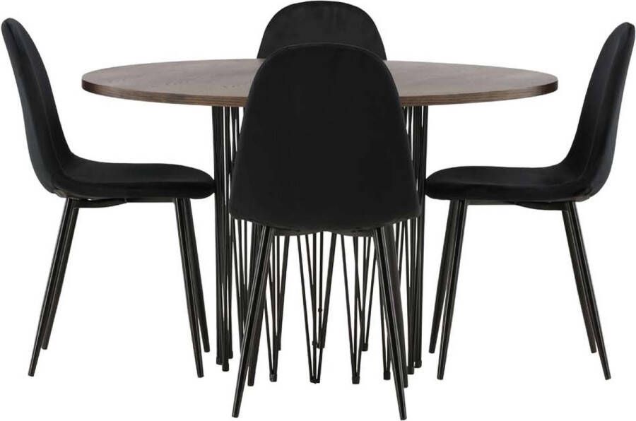 Hioshop Stone eethoek tafel mokka en 4 Polar stoelen zwart.