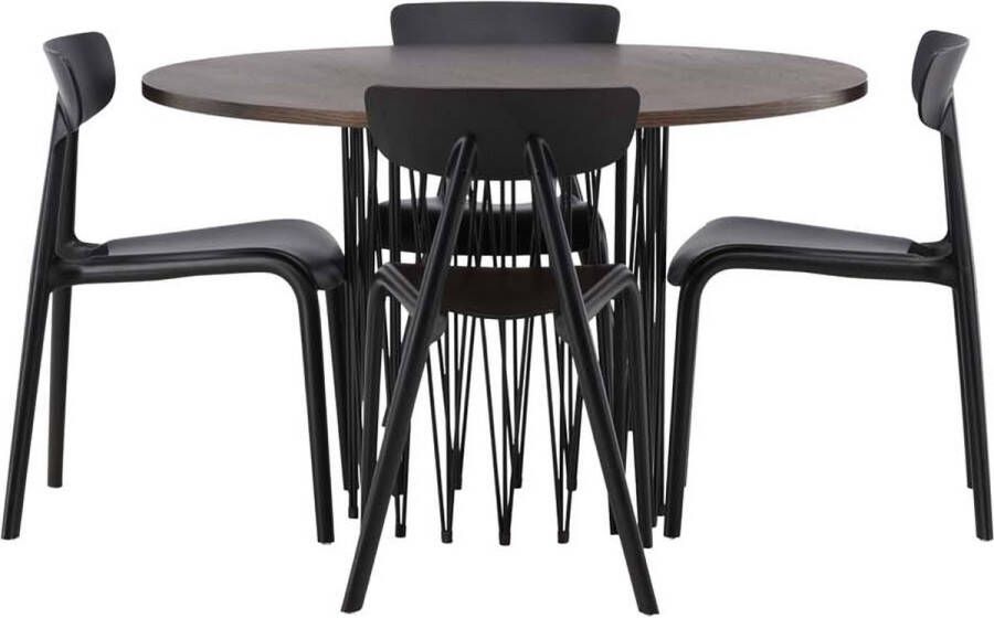 Hioshop Stone eethoek tafel mokka en 4 Ursholmen stoelen zwart.