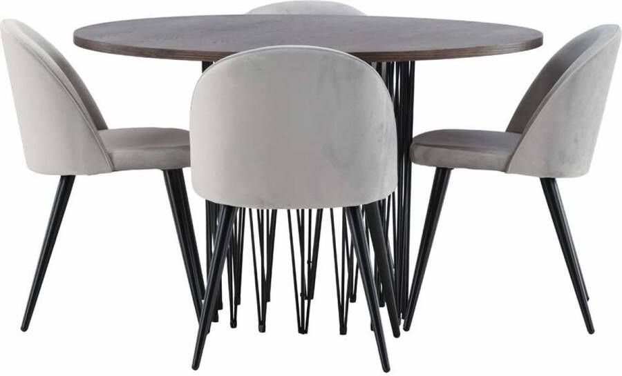 Hioshop Stone eethoek tafel mokka en 4 Velvet stoelen grijs.