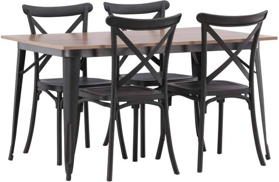 Hioshop Tempe eethoek tafel okkernoot decor en 4 Crosett stoelen zwart.