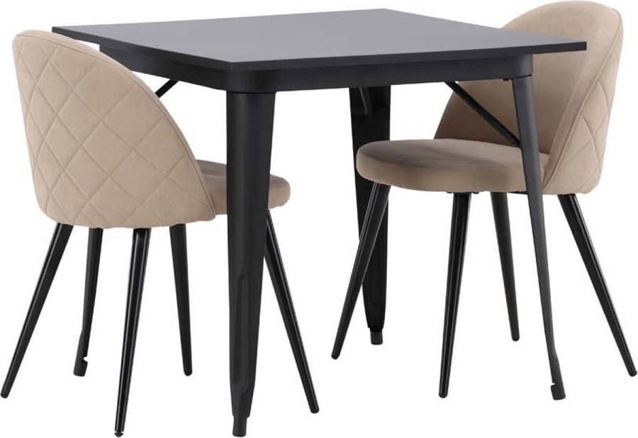 Hioshop Tempe eethoek tafel zwart en 2 Velvet stoelen beige. - Foto 1