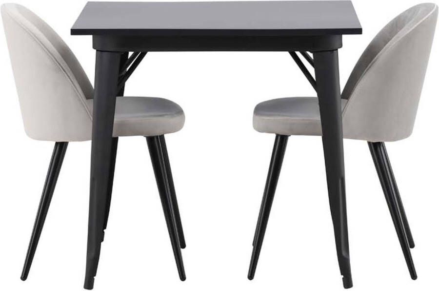 Hioshop Tempe eethoek tafel zwart en 2 Velvet stoelen grijs. - Foto 1