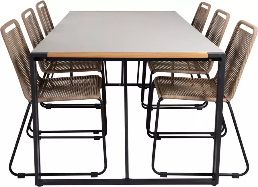 Hioshop Texas tuinmeubelset tafel 100x200cm en 6 stoel stapelL Lindos zwart naturel grijs