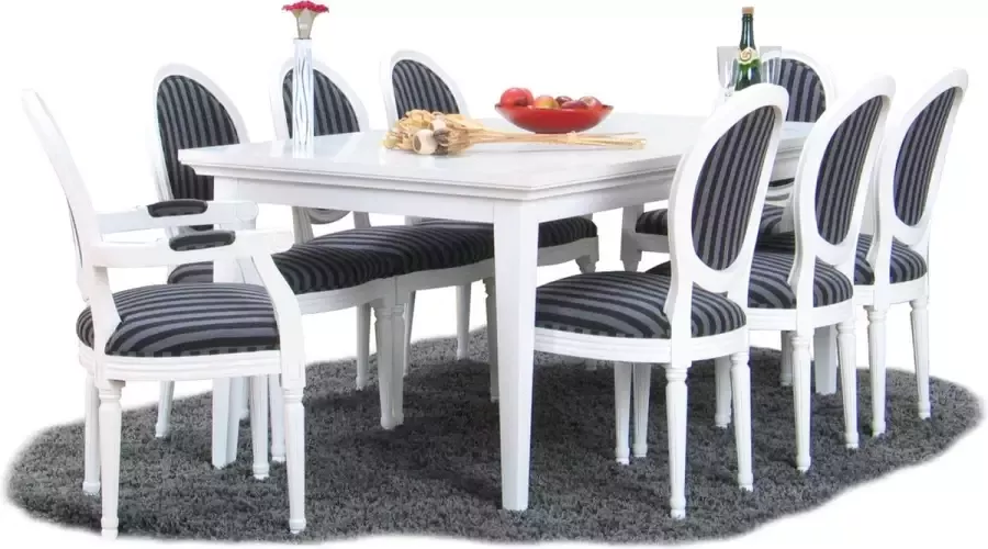 Hioshop Venetië eethoek wit 180 276 x 95 met 6+2 barok stoelen wit-zwart Rococo.