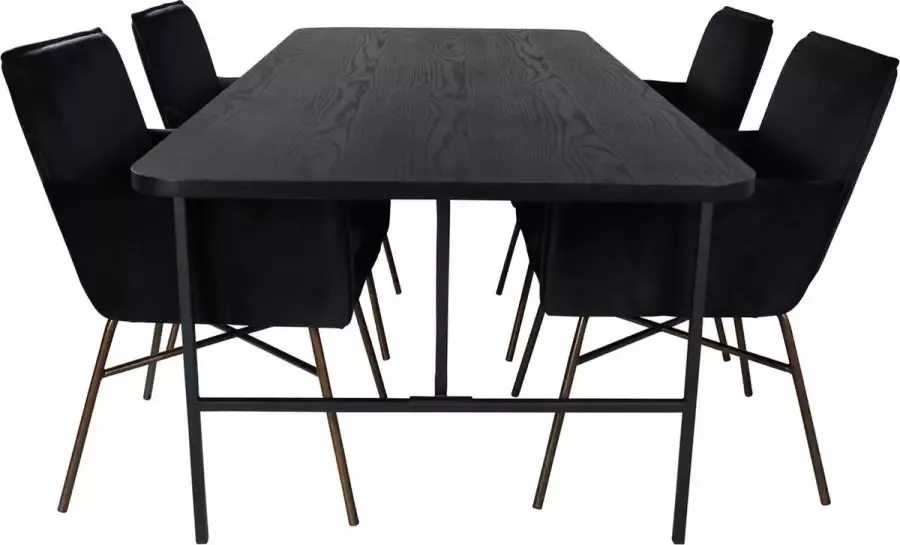 Hioshop UnoBL eethoek eetkamertafel zwart en 4 Pippi eetkamerstal velours zwart.