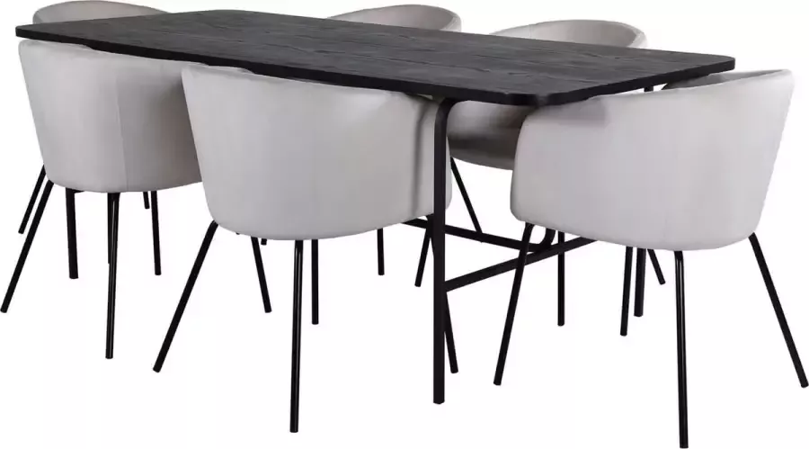 Hioshop UnoBL eethoek eetkamertafel zwart en 6 Berit eetkamerstal velours beige.