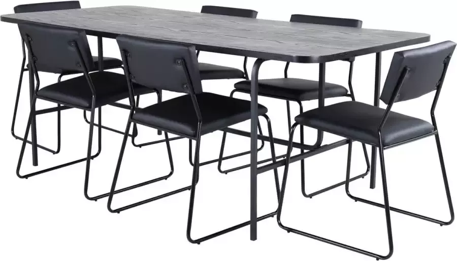 Hioshop UnoBL eethoek eetkamertafel zwart en 6 Kenth eetkamerstal PU kunstleer zwart.