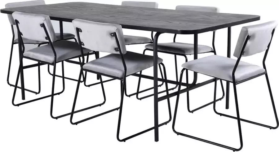 Hioshop UnoBL eethoek eetkamertafel zwart en 6 Kenth eetkamerstal velours grijs.