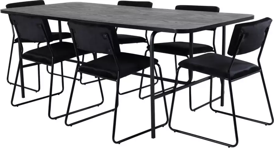 Hioshop UnoBL eethoek eetkamertafel zwart en 6 Kenth eetkamerstal velours zwart.