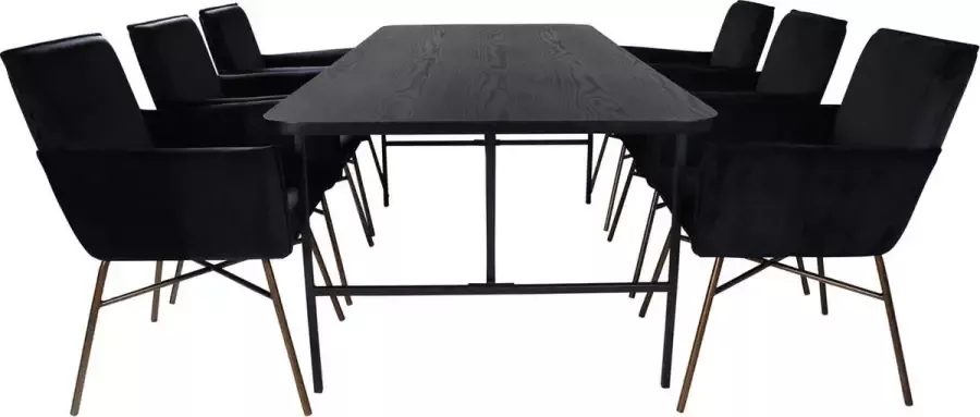 Hioshop UnoBL eethoek eetkamertafel zwart en 6 Pippi eetkamerstal velours zwart.