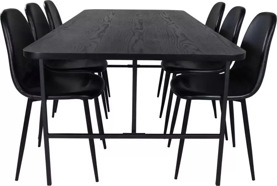 Hioshop UnoBL eethoek eetkamertafel zwart en 6 Polar eetkamerstal PU kunstleer zwart PU kunstleer.