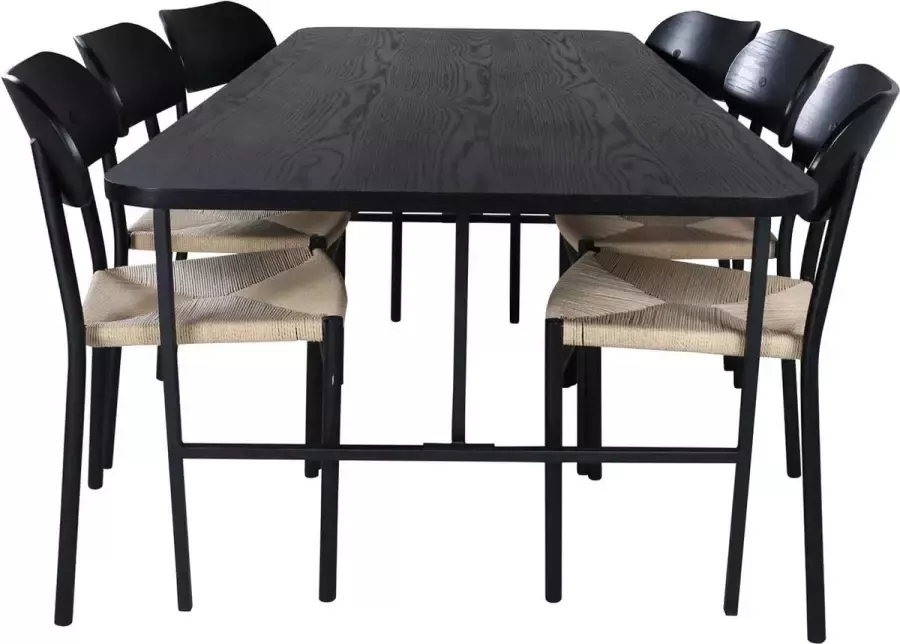 Hioshop UnoBL eethoek eetkamertafel zwart en 6 Polly eetkamerstal natuur zwart.