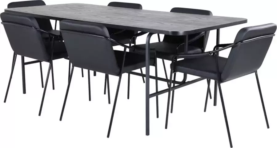 Hioshop UnoBL eethoek eetkamertafel zwart en 6 Tvist eetkamerstal PU kunstleer zwart.