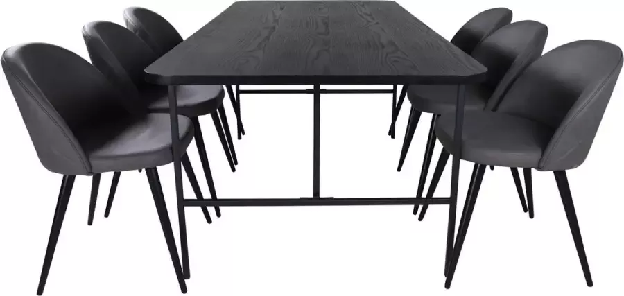 Hioshop UnoBL eethoek eetkamertafel zwart en 6 Velvet Stitches eetkamerstal grijs.