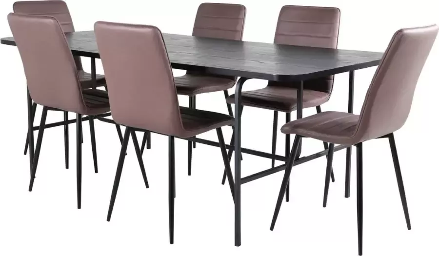 Hioshop UnoBL eethoek eetkamertafel zwart en 6 Windu Lyx eetkamerstal bruin.